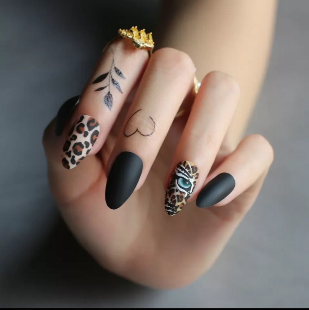 3/$30 Matte Black Stiletto Tiger Print and Tiger Eye Press On Nails
